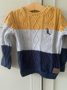 Striped knit jumper navy mark grey and mustard 12-18 months