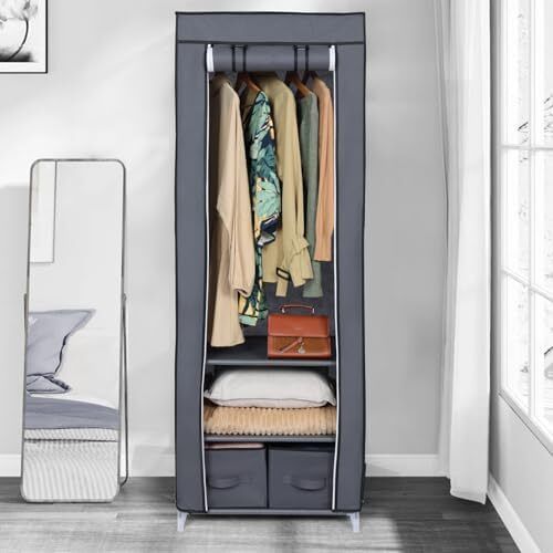 Portable Wardrobe Single Canvas Wardrobe Clothes Storage Organizer with 2 Drawers and Hanging Rail Foldable Closet for Clothes, Bags, Toys, Shoes, Living Room, Bedroom 160 x 59 x 43CM (Grey)