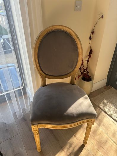 Louis-Style Oval Back Dining Chair, Grey Upholstery, Raw Wood