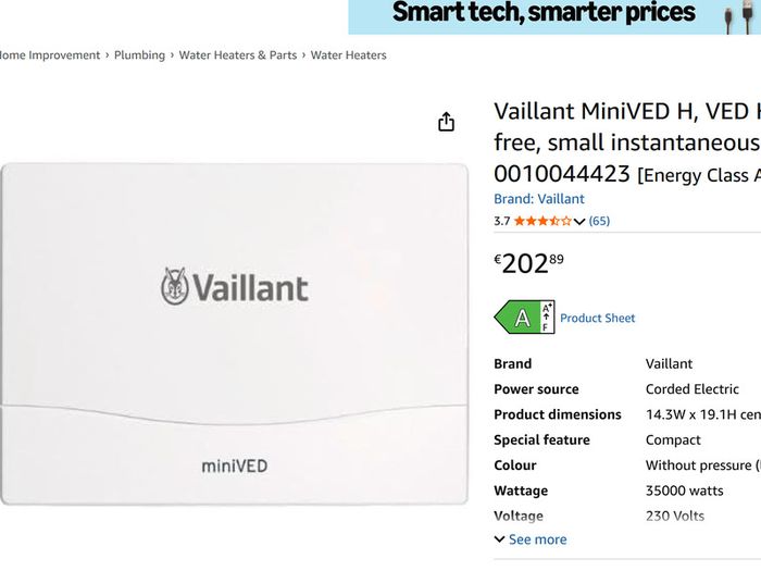 Vaillant miniVED H 3/3 N Hydraulic Small Tankless Water Heater [Energy Class A]