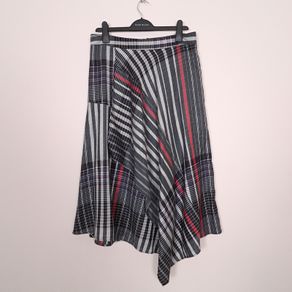 Marks & Spencer Navy Red White Asymmetric Hem Plaid Stripe Midi Skirt 14UK/42EU
