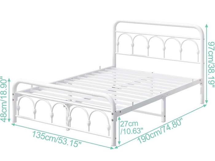 4ft6 Double Bed Frame with High Headboard and Foot