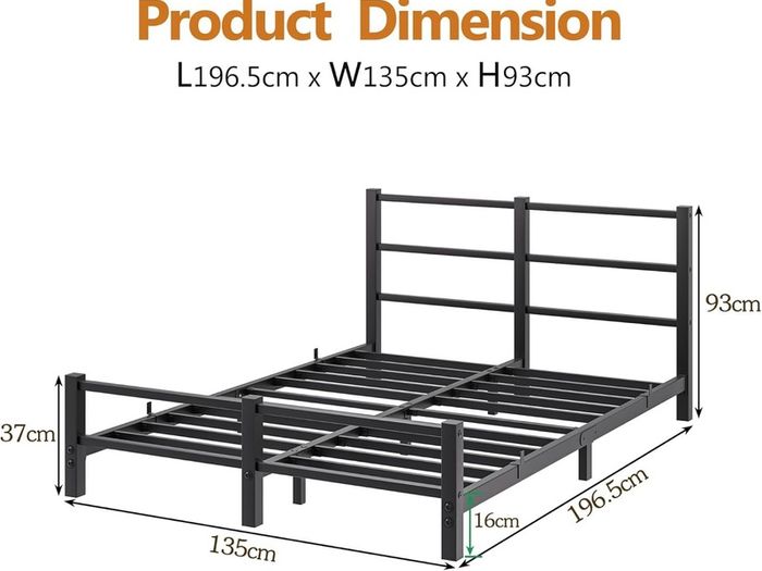 16cm Low Profile Double Bed Frame with Headboard, 4ft6 Metal Sturdy Steel Slat Support, Noise-Free 135x190cm Platform Mattress Base, No Box Spring Needed, Black