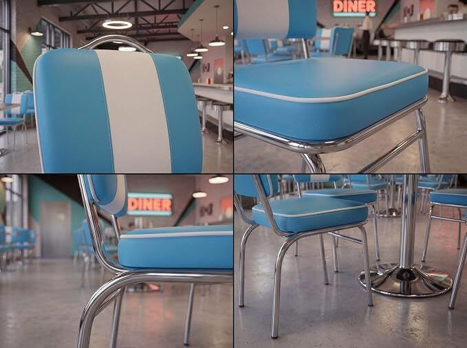 Set of 2 American Diner Dining Chairs Retro Blue Vintage Faux Leather Kitchen Chairs Chrome Frame
