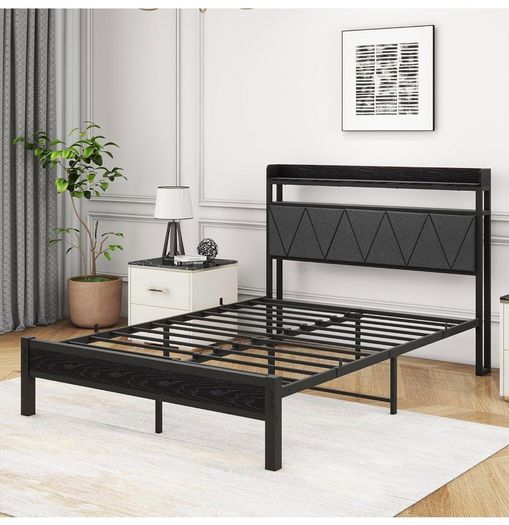 4ft6 Double Size Bed Frame with LED Lights Storage Upholstered Headboard and Charging Station, Solid Metal Platform Bed Double Size, No Box Spring Needed, Noise Free