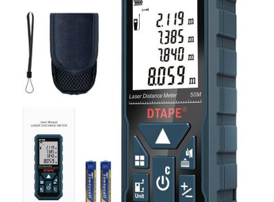 Laser Measure 50M, DTAPE DT50 Laser Distance Meter 165ft, Portable Handle Digital Measure Tool Range Finder, Larger Backlit LCD 4 Line Display IP54 Shockproof Battery Included