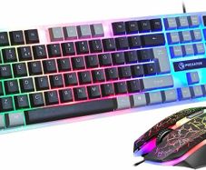 USB Wired Keyboard and Mouse Set, Luminous LED Lights, Full Size Slim Keyboard, LED Gaming Mouse, Game or Business, UK Layout, For PC, Laptop, Windows And Mac, PS4, PS5, Xbox One, etc (Retro)