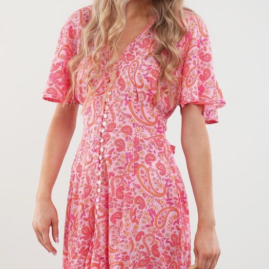 QED London boho hippie pink orange and yellow paisley floral maxi dress