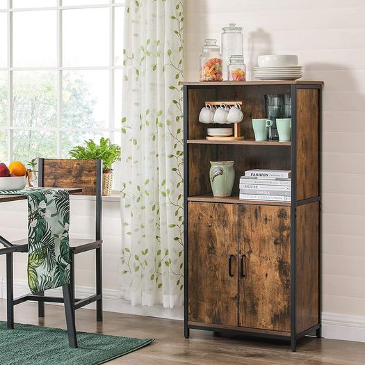 _Bookcase, Book Cabinet, Office Shelf, Kitchen Cabinet with 2 Open Compartments, Adjustable Shelf in Cupboard, Multifunctional, Industrial Design, Vintage Brown/Black