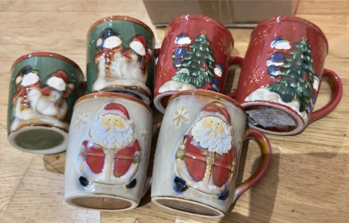 6 Vintage Folk Art Santa And Snow man Hand Glazed CoffeeMug Cup Christmas Textured