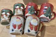 6 Vintage Folk Art Santa And Snow man Hand Glazed CoffeeMug Cup Christmas Textured