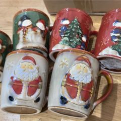 6 Vintage Folk Art Santa And Snow man Hand Glazed CoffeeMug Cup Christmas Textured