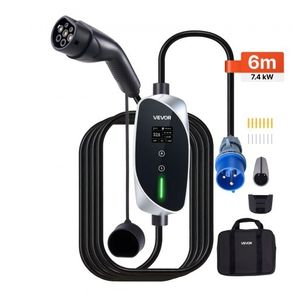 Mobile Wallbox, 7.4 kW 32A, Type 2 Portable EV Charger, Single Phase Electric Vehicle Car Charger with 6 m Charging Cable, CEE Plug, LCD Screen, Adjustable EV Charging Station, IP66 Control Box