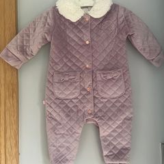 Ted baker baby dusty mauve velour & fur Pramsuit Sz3-6mths EUC