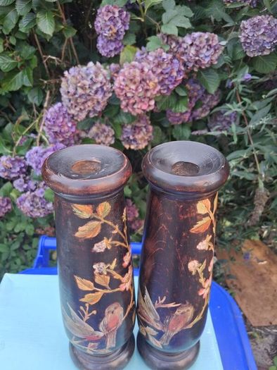Stunning Pair Of Hand Painted Art Nouveau Hardwood  Candlesticks 12"