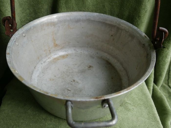 Vintage Aluminium Metal Handled Cooking Pot , Rustic Jam Pan Farmhouse Decor