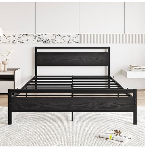 King Size Bed Frame with Wood Headboard,Heavy Duty Metal Platform Bed