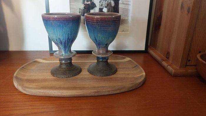 Wonderful Pair of Studio Art Pottery Goblets by Martin Branch Lyre Pottery, Cloncorban, Rossmore, Clonakilty, West Cork in a Fabulous Colourful Variegated Glaze. Pair Two