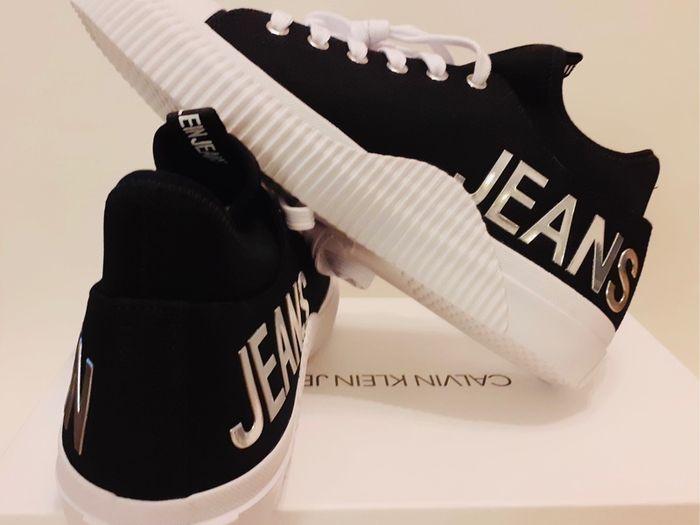 Men Calvin Klein Canvas Trainers Lace Up Black/white Shoes UK 7.5 Sneakers