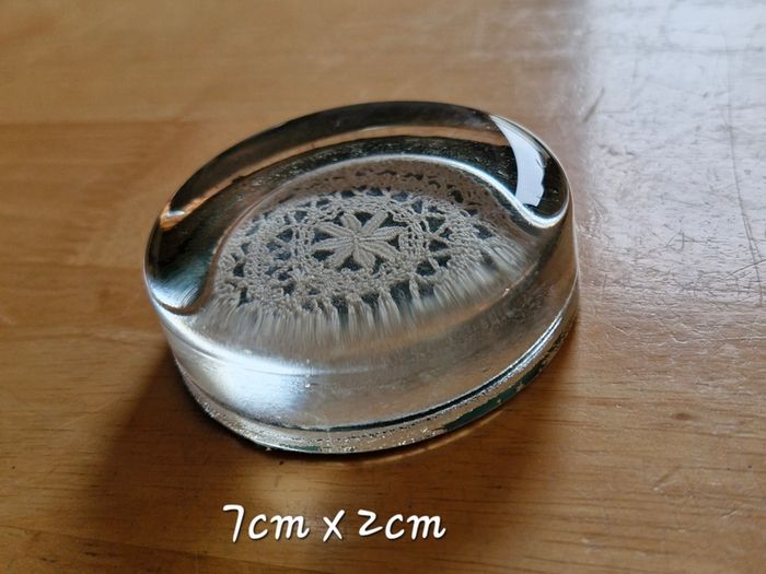 Unique Vintage Glass Paperweight  with Hand woven Lace -inlay