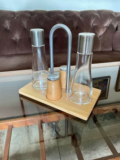 Vintage Bodum Oil Vinegar Salt Pepper Cruet Set by Georg Fontana Danish Beechwood with Aluminum 1990s