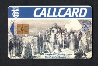1994 Ireland 50 unit Cobh Heritage Centre, in Cobh, Co. Cork. Depicts an image of a priest blessing Irish emigrants before setting sail on a famine ship to America (Gemplus GEM1) Call Card Used. Telecom Eireann card number 1057