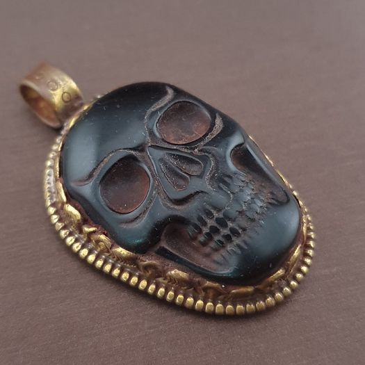Vintage Gold Plated brass Floral Desgin &carved Skull shape Jade Pendant