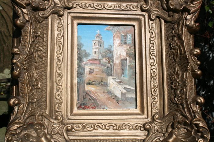 Antique Small oil on canvas painting and gold Louis Style French Deluxe Antique Frame (13,5" x 15,5")