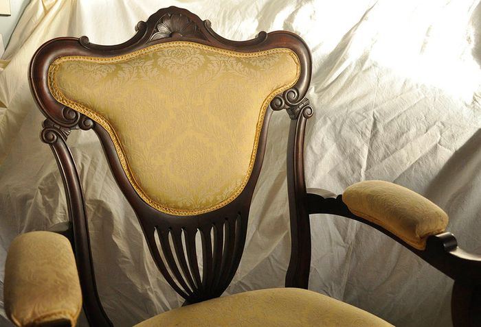 Antique Yellow brocade and mahogany chair