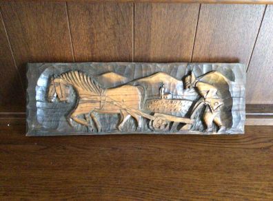 Vintage Wooden carved Wall plaque Horse and plough