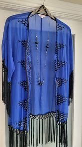 Matthew Williamson Blue Black Fringed Drape Sz 10 Uk (fit 8 - 12 Uk)