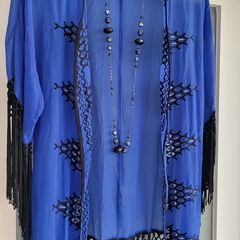 Matthew Williamson Blue Black Fringed Drape Sz 10 Uk (fit 8 - 12 Uk)