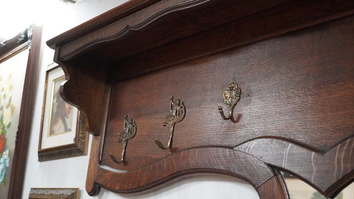 Antique French Oak Wall Coat Rack with Mirror