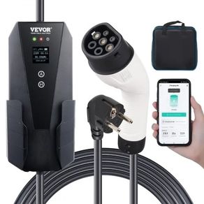 Portable EV Charger Type 2, 16A 3.7 kW, Electric Vehicle Car Charger with 8.6 m Charging Cable CEE 7 7 Plug LCD Screen IEC 62196 Home EV Charging Station with Carry Bag Charging Cable Hook