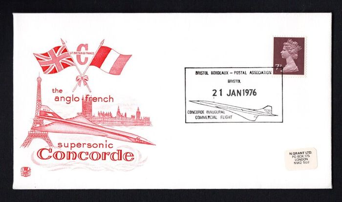 1976 Great Britain illustrated cover celebrating the Anglo-French Supersonic Concorde with cancel of Bristol Bordeaux -Postal Association Concorde Inaugural Commercial Flight tying 7p mahin stamp