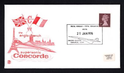 1976 Great Britain illustrated cover celebrating the Anglo-French Supersonic Concorde with cancel of Bristol Bordeaux -Postal Association Concorde Inaugural Commercial Flight tying 7p mahin stamp