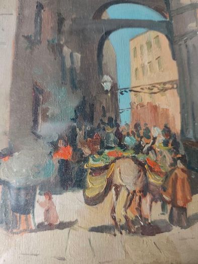 Oil painting of a Naples street with arches