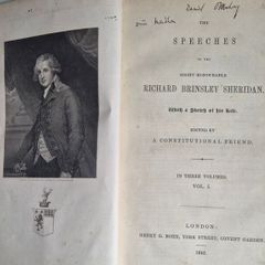 Speeches of the Right Honourable Richard Brinsley Sheridan. 1842 First edition. Irish interest. Antiquarian, rare, collectible, vintage, nineteenth, century, Victorian, British, Irish, politics, parliament, Whig, government, oratory, rhetoric, elocution, 