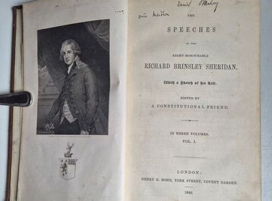Speeches of the Right Honourable Richard Brinsley Sheridan. 1842 First edition. Irish interest. Antiquarian, rare, collectible, vintage, nineteenth, century, Victorian, British, Irish, politics, parliament, Whig, government, oratory, rhetoric, elocution, 