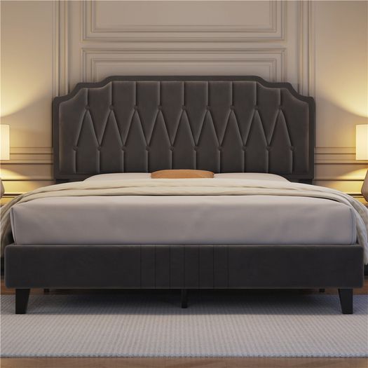 Double Upholstered Velvet Bed Frame with with Diamond Button