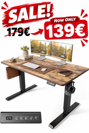 Electric Standing Desk 120 x 60 cm, Height Adjustable Sit Stand Desk with Memory Presets, Home Office Computer Desk, Black Frame with Vintage Brown Top