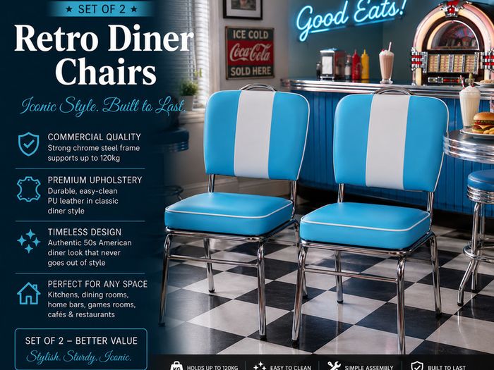Set of 2 American Diner Dining Chairs Retro Blue Vintage Faux Leather Kitchen Chairs Chrome Frame