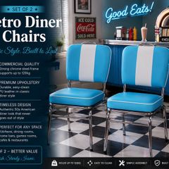Set of 2 American Diner Dining Chairs Retro Blue Vintage Faux Leather Kitchen Chairs Chrome Frame