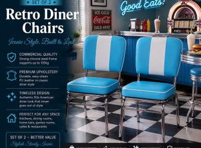 Set of 2 American Diner Dining Chairs Retro Blue Vintage Faux Leather Kitchen Chairs Chrome Frame