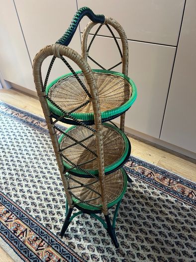 Vintage three-tier wicker and rattan display stand