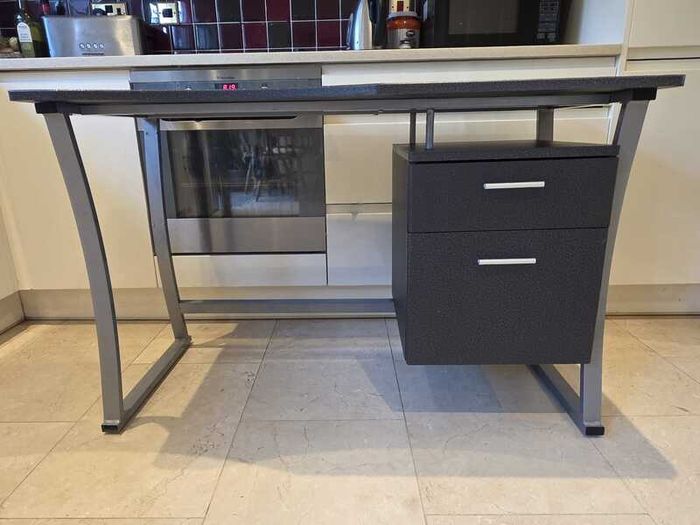 Computer Desk with Drawers, Black and Silver