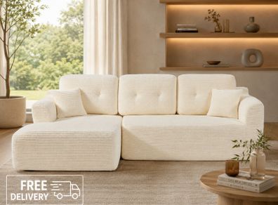 Modular Corner Sofa with Chaise Longue  Creamy White Corduroy