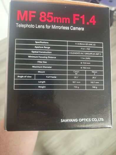 Brand New Samyang 85mm F1.4 Telephoto Lens For Canon