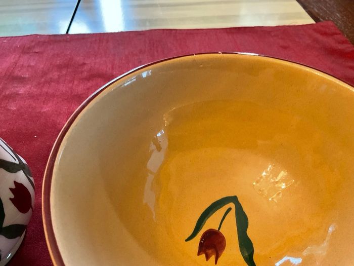 Nicholas Mosse Red lawn set of two , 4 inch jug and a 6 inch diameter bowl . Both have blemishes but perfect for  display
