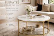 White Marble Effect Coffee Table with Tempered Glass Shelf 80 cm Gold Living Room Table